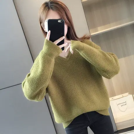 软糯温柔慵懒毛衣V领套头秋冬季新款女士打底衫上衣韩系针织衫图片