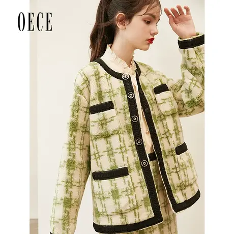 Oece秋冬季新款女装小香风个性复古撞色羊羔毛毛绒外套图片