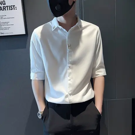 夏季男短袖衬衫修身中袖七分袖烫砖字母潮牌网红潮流帅气ins衬衣图片