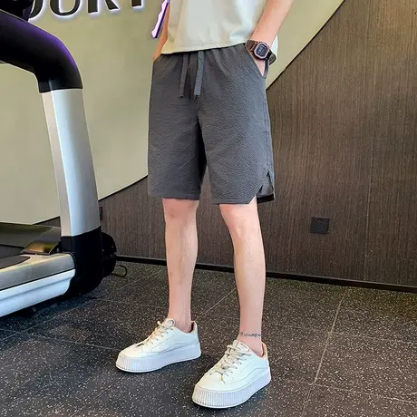 夏季男士潮流薄款休闲纯色高级百搭肌理感中裤卫裤直筒五分短裤商品大图