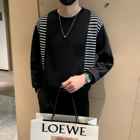 卫衣男春秋季潮流韩版拼接条纹设计感宽松轻熟潮牌长袖上衣t恤衫图片