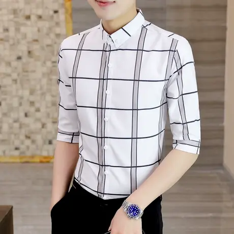 夏季时尚痞帅气商务休闲男士短袖衬衫韩版潮流七分袖青年格子衬衣商品大图