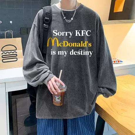 美式复古长袖T恤男春秋季潮牌宽松水洗字母打底衫秋衣青少年卫衣商品大图