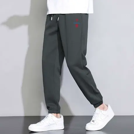春夏季长裤子男中国潮流百搭休闲运动裤九分抽绳小脚束脚灰色卫裤图片