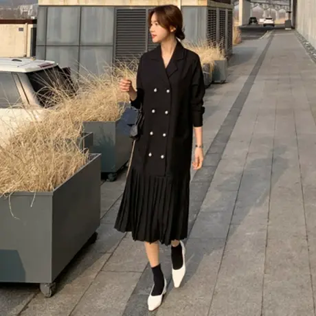 春秋装西装外套女中长款韩版宽松大码双排扣时尚压皱拼接连衣裙潮图片