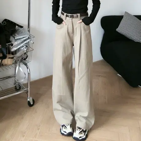 美式小个子阔腿裤女2023新款裤子宽松bf慵懒风直筒休闲裤配腰带商品大图