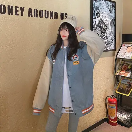 盐系夹克外套女春秋装2021新款初中高中学生韩版百搭灯芯绒棒球服图片