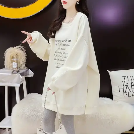 加绒加厚卫衣女中长款2023新款秋冬季爆款宽松慵懒风洋气百搭上衣图片