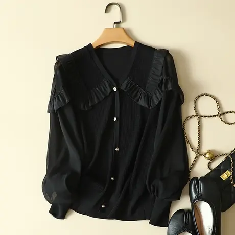 春装女2024年新款雪纺袖冰丝针织假开衫女上衣宽松洋气蕾丝打底衫图片