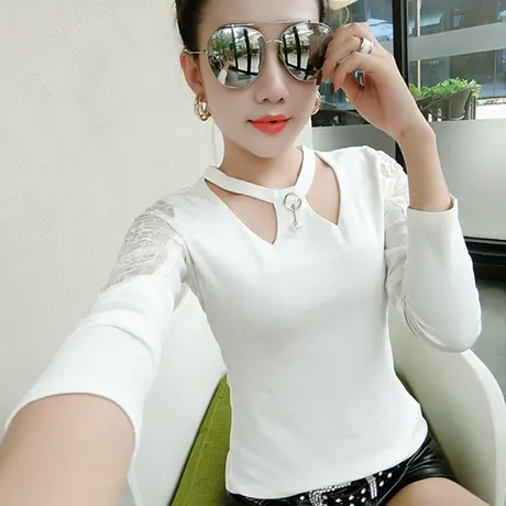 2024春秋新款时尚修身长袖T恤女装蕾丝镂空心机上衣百搭打底衫潮商品大图