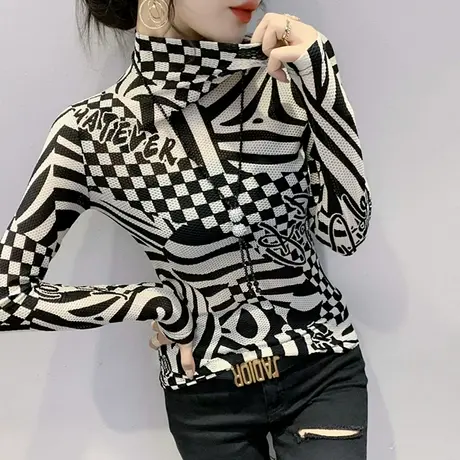 半高领打底衫女长袖2024春秋新款时尚网纱T恤修身紧身内搭上衣潮商品大图