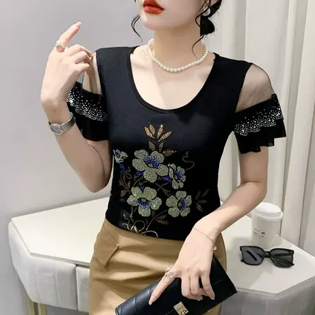 时尚烫钻T恤女短袖洋气网纱拼接小衫夏欧货性感镂空荷叶边上衣ins商品大图