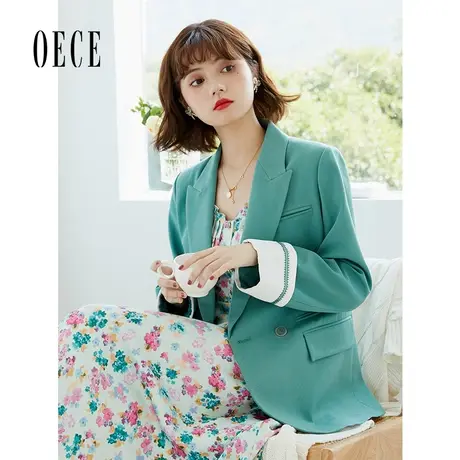 Oece气质小西装外套春秋新款女复古绿色显白西服休闲商品大图