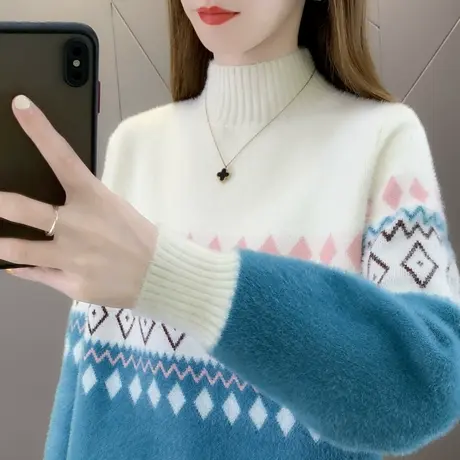 半高领水貂绒拼色加厚保暖毛衣女冬季内搭针织打底衫2024新款宽松商品大图