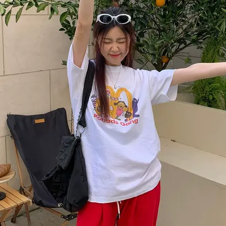 纯棉短袖T恤女2023年夏季新款ins潮小个子设计感小众韩版宽松上衣商品大图