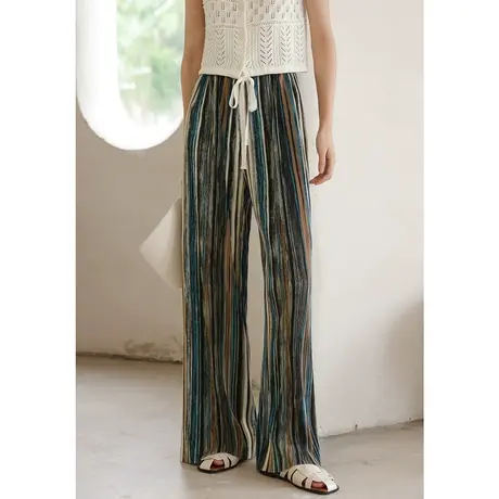 弥古波西米亚冰丝阔腿裤女夏条纹印花沙滩裤薄款裤子三宅褶皱长裤商品大图