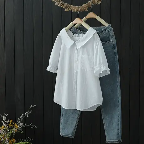 娃娃领花边袖小衫上衣夏季新款女装单排扣短袖衬衫设计感小众衬衣图片