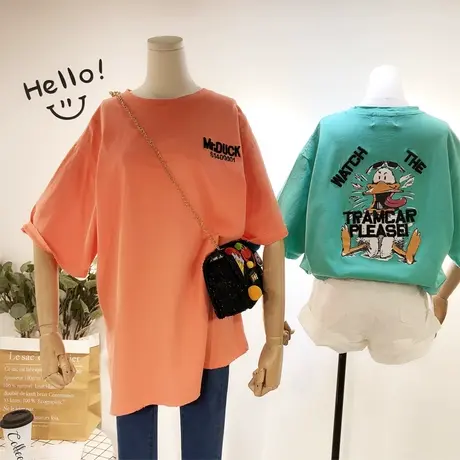 2020夏款韩国东大门ulzzang刺绣卡通鸭子中长款T恤宽松BF大码显瘦图片