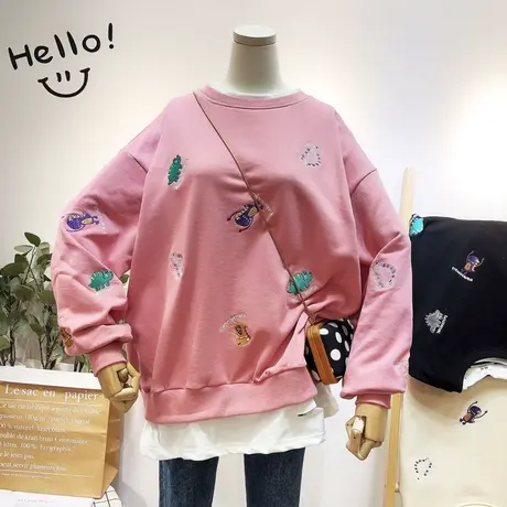 2020早春新款韩国东大门cec潮宽松刺绣卫衣荷叶边假两件卫衣大码图片