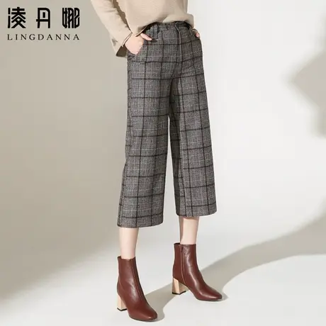 毛呢阔腿裤女秋冬八分裤2024新款冬季七分裤羊毛女裤格子裤直筒裤商品大图