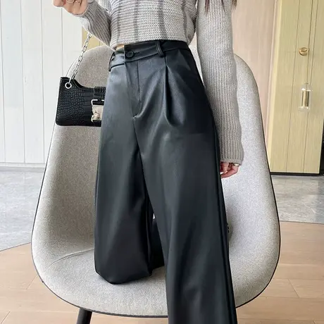 加绒黑色阔腿皮裤女冬季新款宽松直筒窄版显瘦垂感PU加厚休闲裤子商品大图