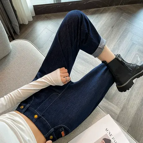 丹宁色哈伦牛仔裤女2024年春秋新款高腰直筒宽松显瘦九分老爹裤子商品大图