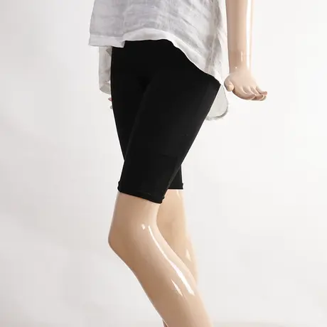 女士纯棉系列口袋五分裤高腰显瘦打底裤四分薄款修身弹力大码黑色图片