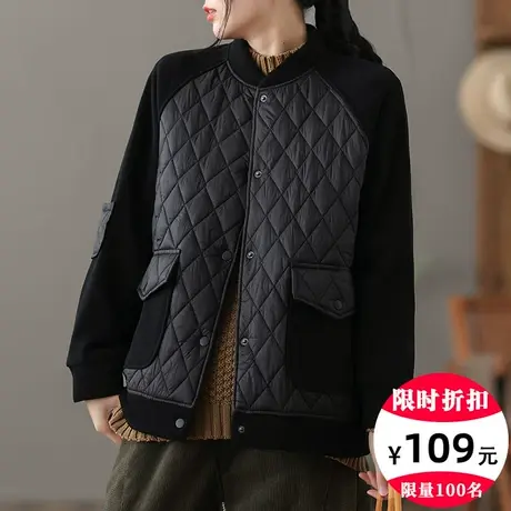 dza 复古拼接棒球服棉衣外套女秋冬新款菱格棉袄宽松短款休闲棉服图片