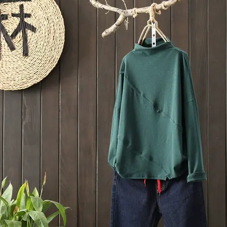 枫谜20年秋冬新款文艺复古纯色半高领打底衫女拼接显瘦T恤衫上衣商品大图