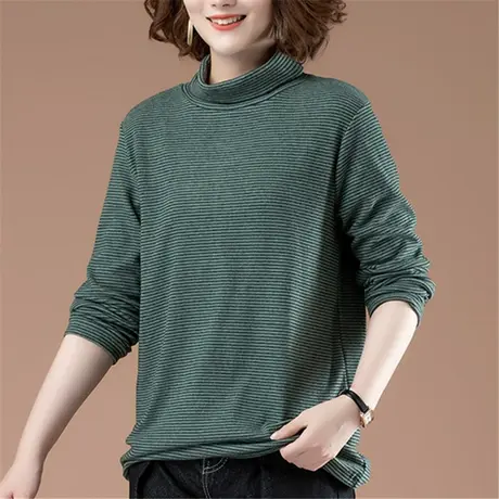 秋冬中长款条纹半高领打底衫女中年妈妈大码女装宽松显瘦长袖T恤商品大图