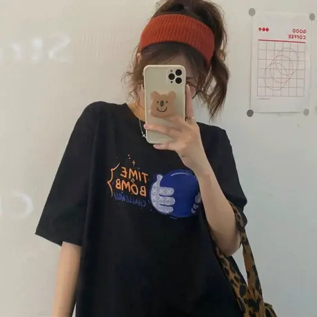 美式复古vintage短袖t恤女夏季纯棉宽松韩版ins设计感小众上衣服图片