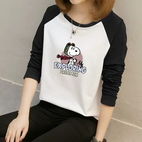 春秋长袖t恤女士秋衣纯棉宽松圆领2022新款韩版大码显瘦学生上衣商品大图