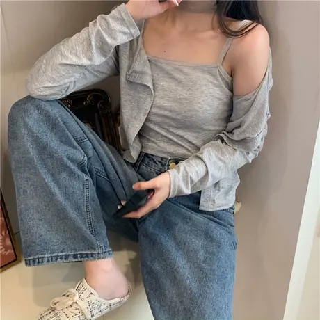 2024新款秋季长袖套装女港味修身内搭吊带背心开衫两件套休闲套装商品大图