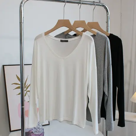 柔软亲肤长袖莫代尔T恤女春夏季简约百搭宽松显瘦内搭打底衫上衣商品大图