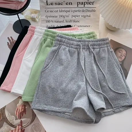 2023夏季新款韩版休闲显瘦纯色百搭运动跑步短裤松紧高腰阔腿裤女图片