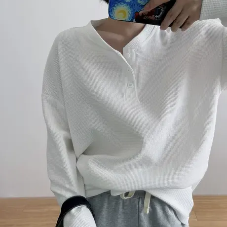 华夫格长袖T恤女春秋季薄款闺蜜装潮ins宽松韩系学生内搭打底上衣商品大图