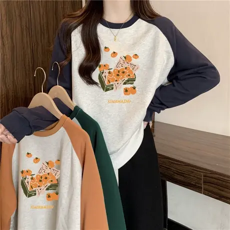 薄款圆领插肩袖卫衣女早春秋2024新款宽松显瘦学生长袖套头上衣潮商品大图