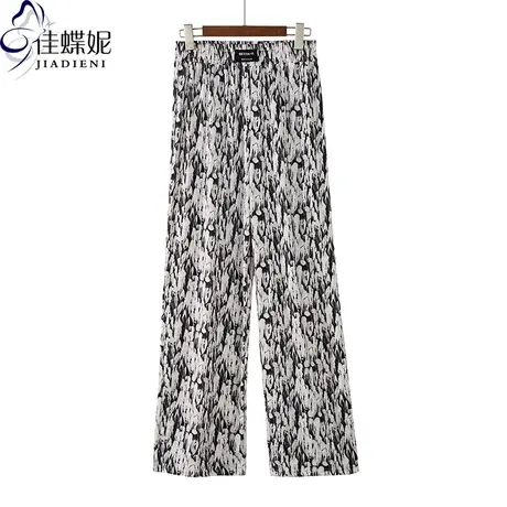 春夏韩版宽松休闲新款斑纹气质松紧腰长裤女高腰直筒休闲裤裤子图片
