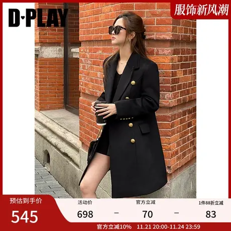 DPLAY冬季气质通勤经典黑色翻驳领西装羊毛呢大衣女外套图片
