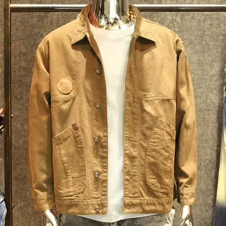 宽松潮牌ins牛仔外套男春季卡其色休闲春秋款潮流帅气工装夹克男商品大图