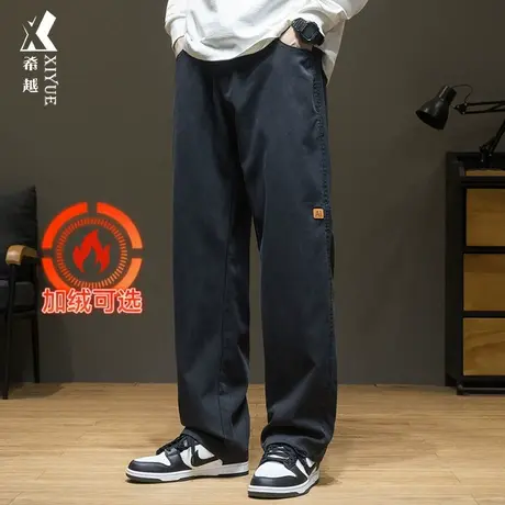 莱赛尔天丝休闲裤子男秋冬潮牌加绒直筒裤宽松大码日系复古工装裤商品大图