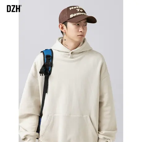 男士杏色连帽卫衣男春秋季潮牌2024年新款纯色长袖打底衫休闲外套商品大图