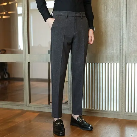 秋冬轻奢加厚保暖毛呢小西裤男士轻商务修身休闲裤灰色直筒男裤子图片