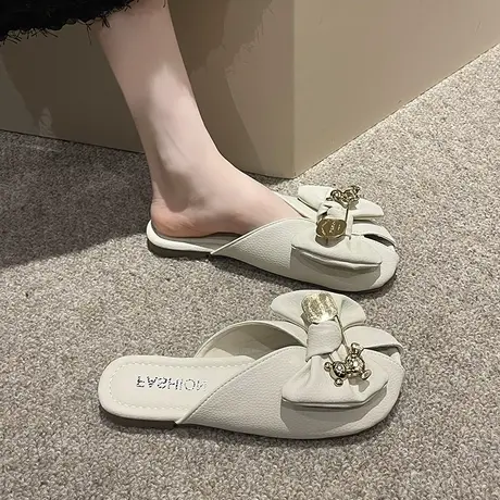韩版蝴蝶结包头半拖鞋女夏季新款时尚外穿平底一字拖软底穆勒鞋女商品大图