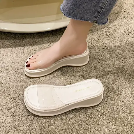 松糕厚底坡跟拖鞋女夏外穿小个子百搭时尚透明凉鞋一字带高跟凉拖商品大图