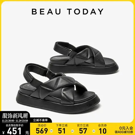BeauToday凉鞋女款夏季2024年新款BT法式罗马凉鞋圆头黑色平底鞋商品大图