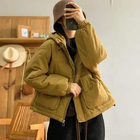 dza 复古纯色加厚连帽棉服外套女冬保暖棉袄上衣宽松大口袋棉衣女图片