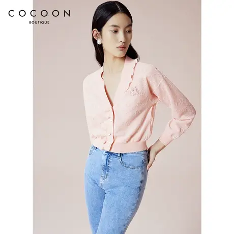 COCOON商场同款荷叶边设计外套2023春装新款女装气质V领针织衫女商品大图