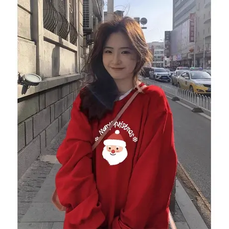 2023新款圣诞穿搭红色加绒圆领卫衣女ins潮秋冬加厚保暖外套上衣商品大图