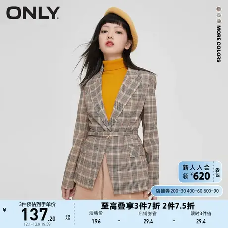 ONLY奥莱夏季复古格纹通勤风本料腰带收腰西服女商品大图